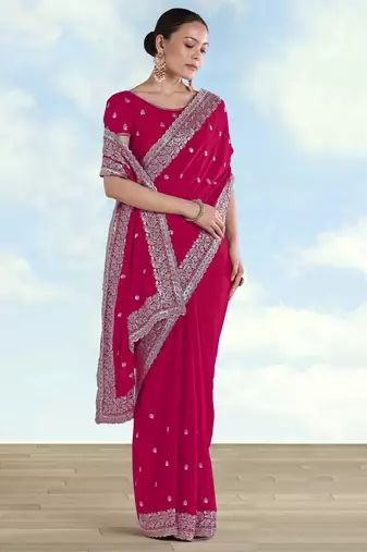 Pink georgette embroidery work saree with unstitched blouse piece