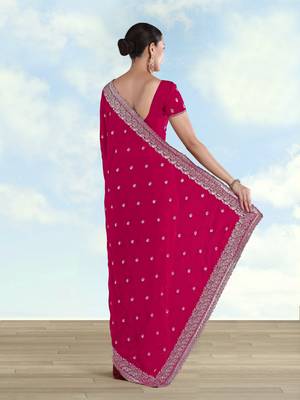Pink georgette embroidery work saree with unstitched blouse piece 3