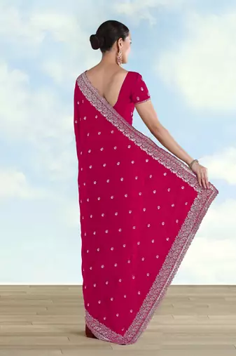 Pink georgette embroidery work saree with unstitched blouse piece