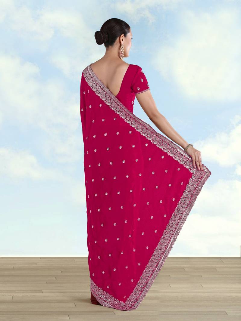 Pink georgette embroidery work saree with unstitched blouse piece