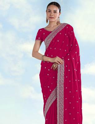 Pink georgette embroidery work saree with unstitched blouse piece 4
