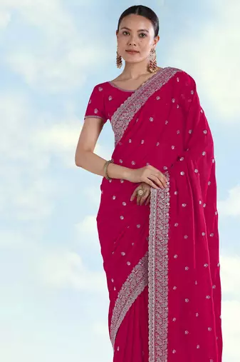 Pink georgette embroidery work saree with unstitched blouse piece