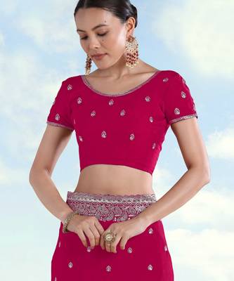 Pink georgette embroidery work saree with unstitched blouse piece 5