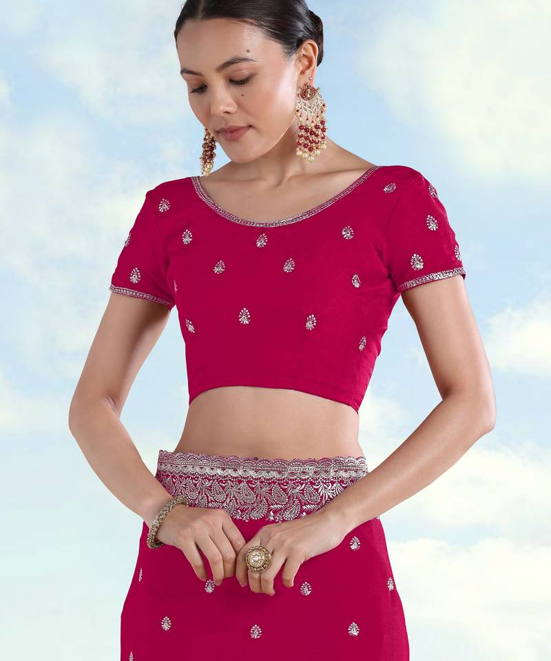 Pink georgette embroidery work saree with unstitched blouse piece