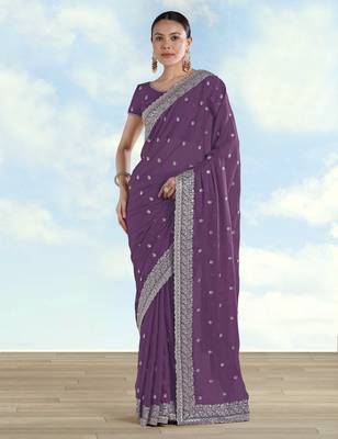Lavender georgette embroidery work saree with unstitched blouse piece 1