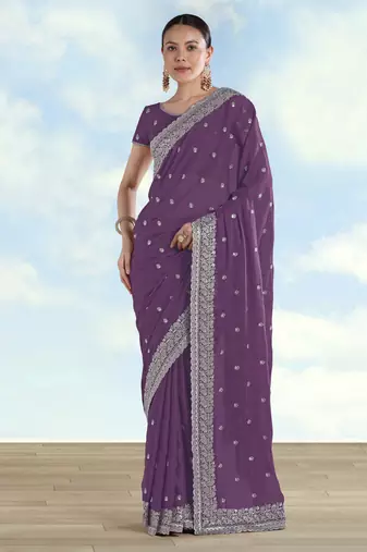 Lavender georgette embroidery work saree with unstitched blouse piece