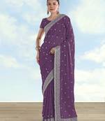 Lavender georgette embroidery work saree with unstitched blouse piece