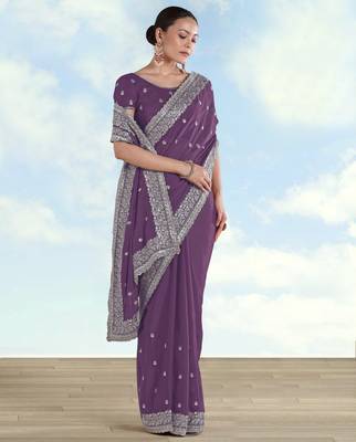 Lavender georgette embroidery work saree with unstitched blouse piece 2