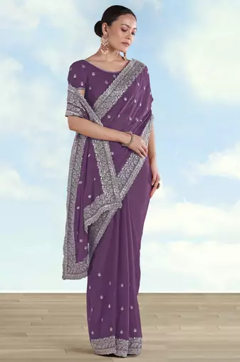 Lavender georgette embroidery work saree with unstitched blouse piece
