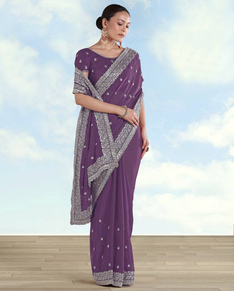 Lavender georgette embroidery work saree with unstitched blouse piece