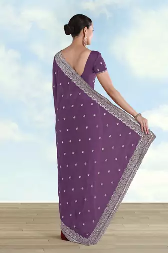 Lavender georgette embroidery work saree with unstitched blouse piece