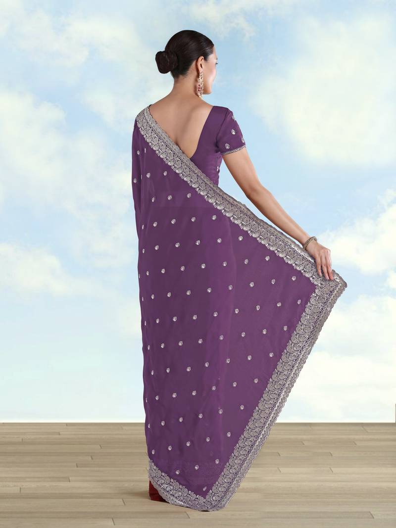 Lavender georgette embroidery work saree with unstitched blouse piece