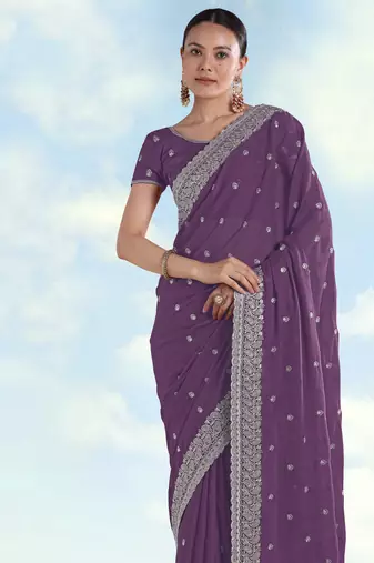 Lavender georgette embroidery work saree with unstitched blouse piece