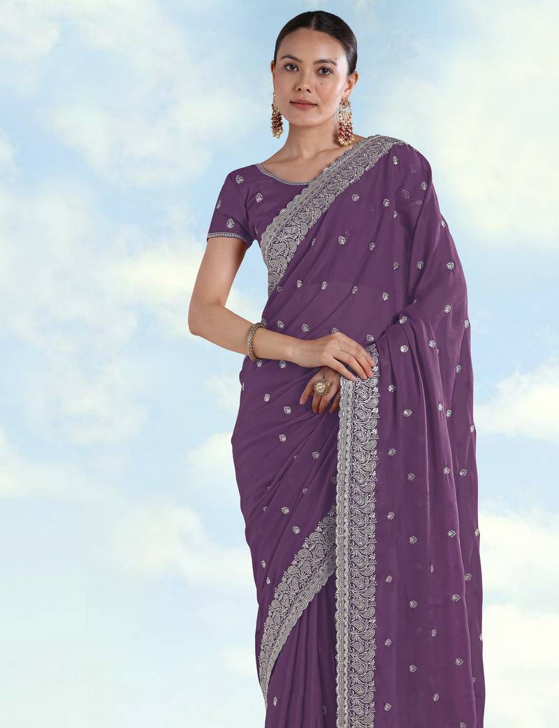 Lavender georgette embroidery work saree with unstitched blouse piece