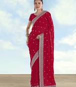Rani pink georgette embroidery work saree with unstitched blouse piece
