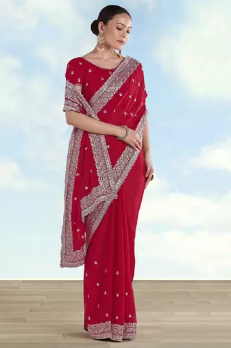 Rani pink georgette embroidery work saree with unstitched blouse piece