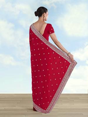 Rani pink georgette embroidery work saree with unstitched blouse piece 3