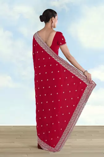Rani pink georgette embroidery work saree with unstitched blouse piece
