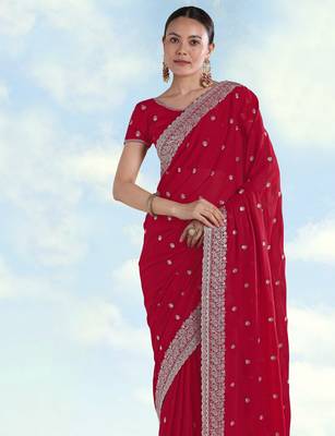 Rani pink georgette embroidery work saree with unstitched blouse piece 4