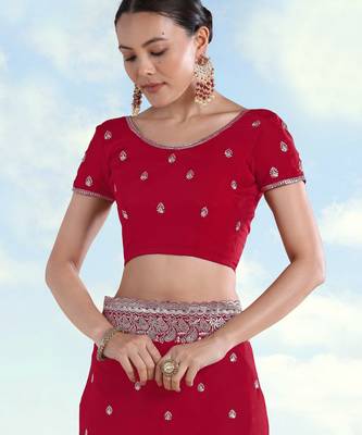 Rani pink georgette embroidery work saree with unstitched blouse piece 5