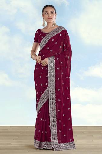Wine georgette embroidery work saree with unstitched blouse piece