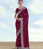 Wine georgette embroidery work saree with unstitched blouse piece