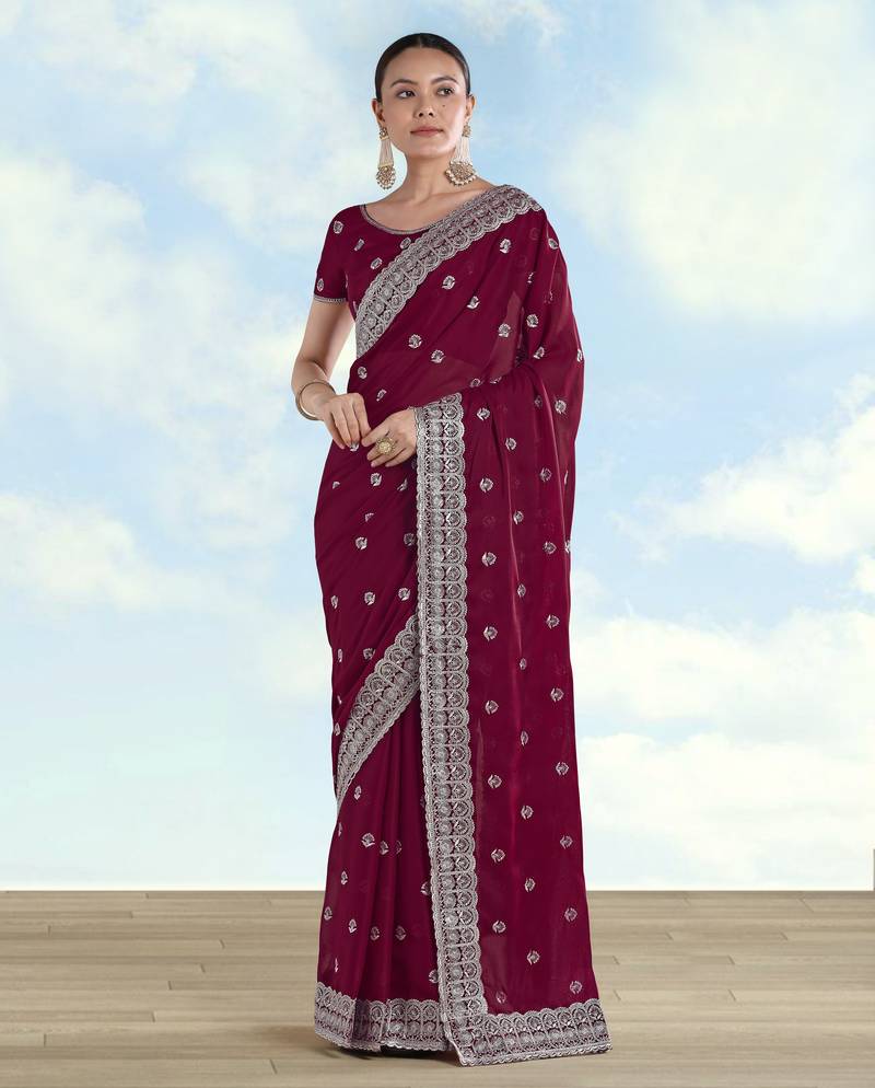 Wine georgette embroidery work saree with unstitched blouse piece