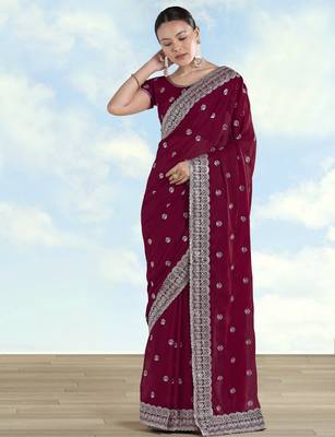 Wine georgette embroidery work saree with unstitched blouse piece 2