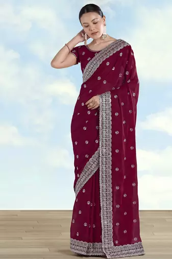 Wine georgette embroidery work saree with unstitched blouse piece