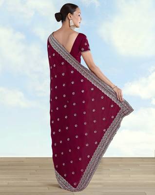 Wine georgette embroidery work saree with unstitched blouse piece 3