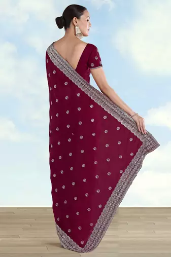 Wine georgette embroidery work saree with unstitched blouse piece