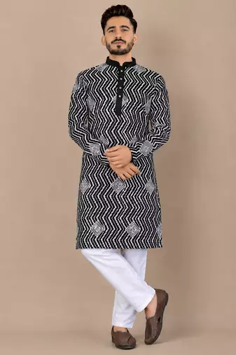 Black color unique cross pattern white thread embroidery with silver sequence silk men's kurta payjama set