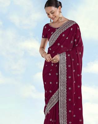 Wine georgette embroidery work saree with unstitched blouse piece 4