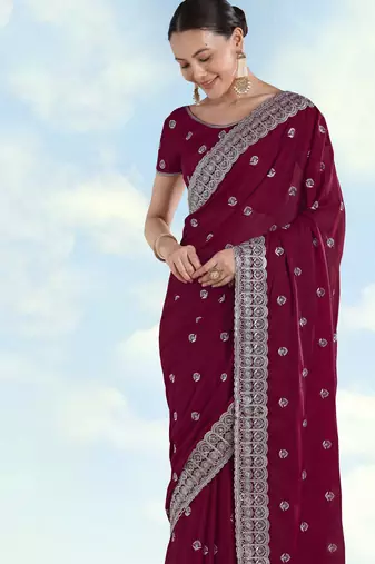 Wine georgette embroidery work saree with unstitched blouse piece