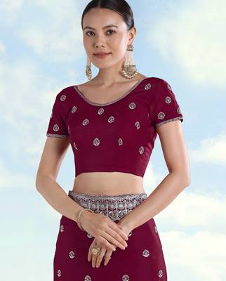 Wine georgette embroidery work saree with unstitched blouse piece 5