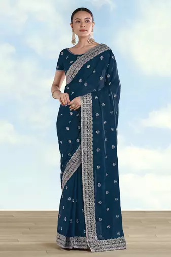 Morpich georgette embroidery work saree with unstitched blouse piece