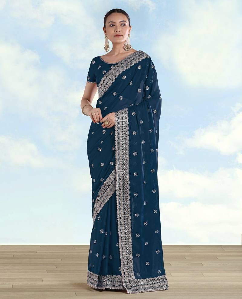Morpich georgette embroidery work saree with unstitched blouse piece