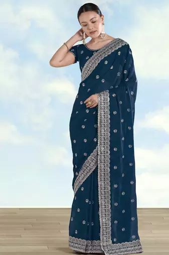Morpich georgette embroidery work saree with unstitched blouse piece