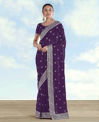 Purple georgette embroidery work saree with unstitched blouse piece 1