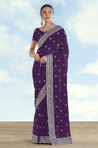 Purple georgette embroidery work saree with unstitched blouse piece