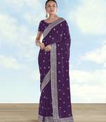 Purple georgette embroidery work saree with unstitched blouse piece