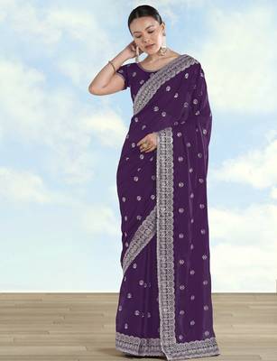 Purple georgette embroidery work saree with unstitched blouse piece 2