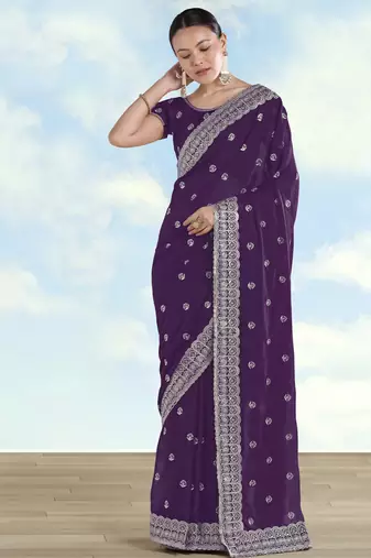 Purple georgette embroidery work saree with unstitched blouse piece
