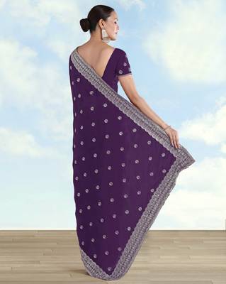 Purple georgette embroidery work saree with unstitched blouse piece 3