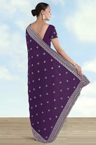 Purple georgette embroidery work saree with unstitched blouse piece