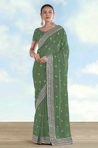 Pista georgette embroidery work saree with unstitched blouse piece