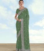 Pista georgette embroidery work saree with unstitched blouse piece