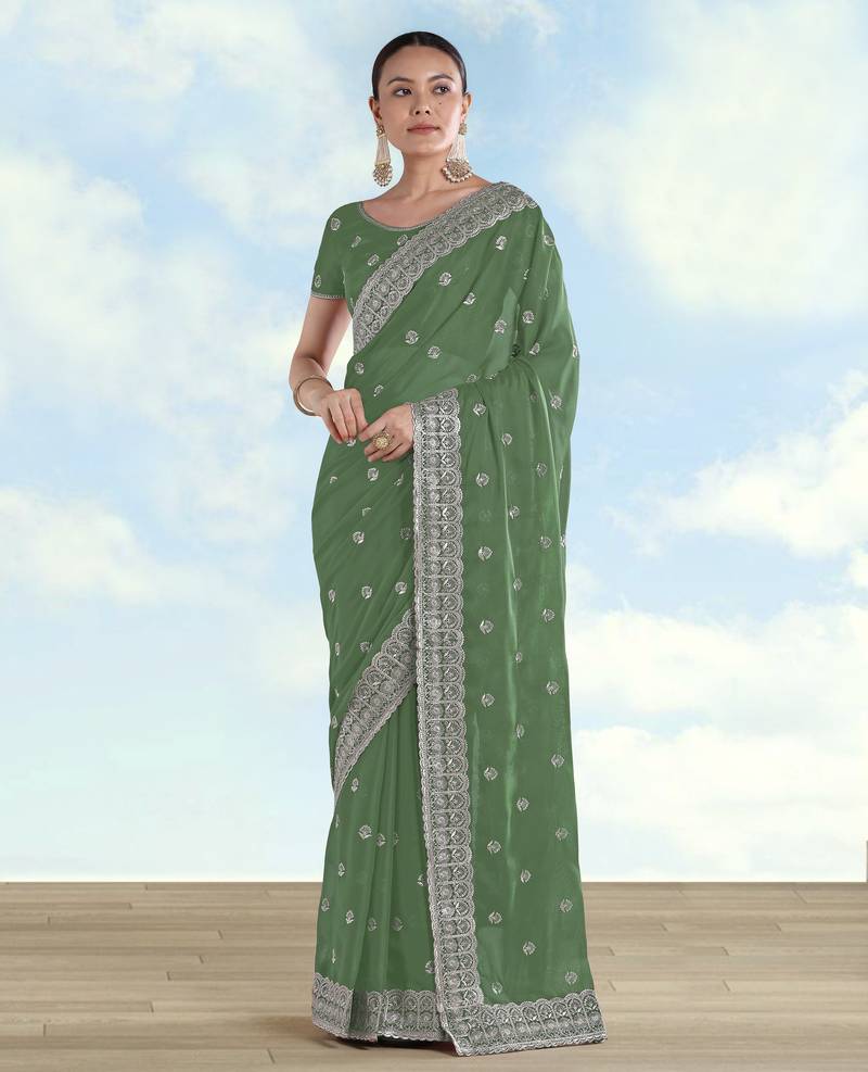Pista georgette embroidery work saree with unstitched blouse piece