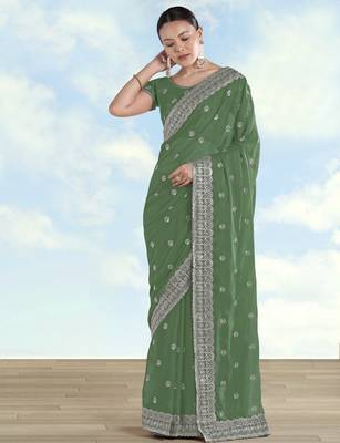 Pista georgette embroidery work saree with unstitched blouse piece 2