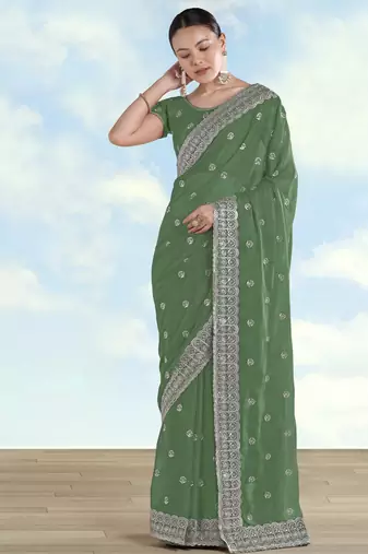 Pista georgette embroidery work saree with unstitched blouse piece